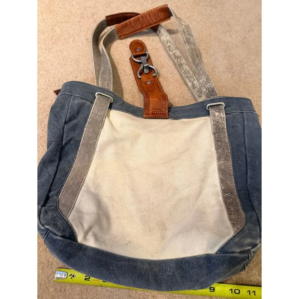 Mona B Upcycled Canvas Tote Handbag Blue Brown Vegan Leather Shoulder Bag Purse